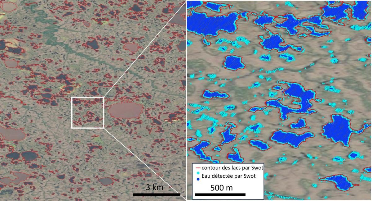 À gauche, une photo de la Terre vue par satellite. C'est un ensemble de taches vertes et beige sillonné de lignes sinueuses vertes. À droite, des taches bleues ont été ajoutées pour figurer la hauteur d'eau détectée par SWOT.