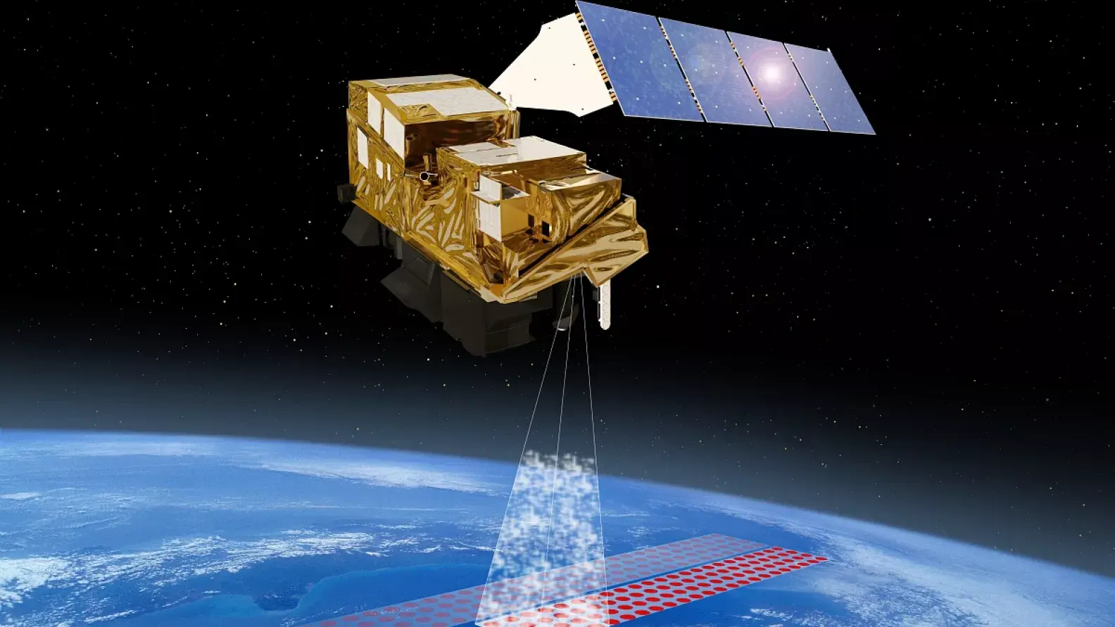Illustration du satellite météorologique européen Metop-SG A1 en orbite autour de la Terre. On y voit l’instrument IASI-NG, revêtu d’une structure dorée, observant l’atmosphère terrestre grâce à un faisceau dirigé vers la planète. En arrière-plan, l’espace est parsemé d’étoiles.
